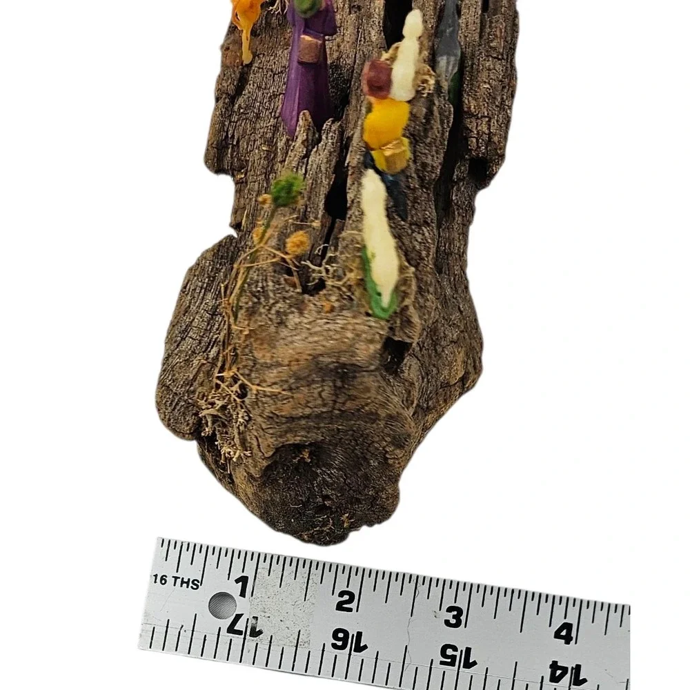 Vintage Nativity Scene Display on Natural‎ Bark Wood Log with Figurines Decor